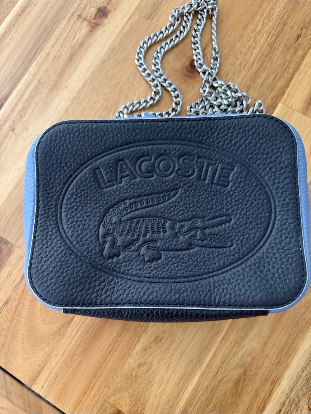 Lacoste Black Pebbled Leather Logo Chain Shoulder Bag